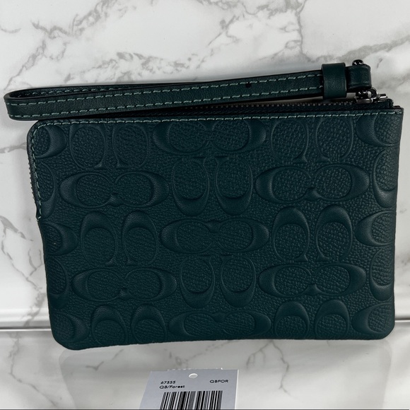 Coach Corner Zip Wristlet In Signature Leather Gunmetal/Forest - Picture 2 of 10